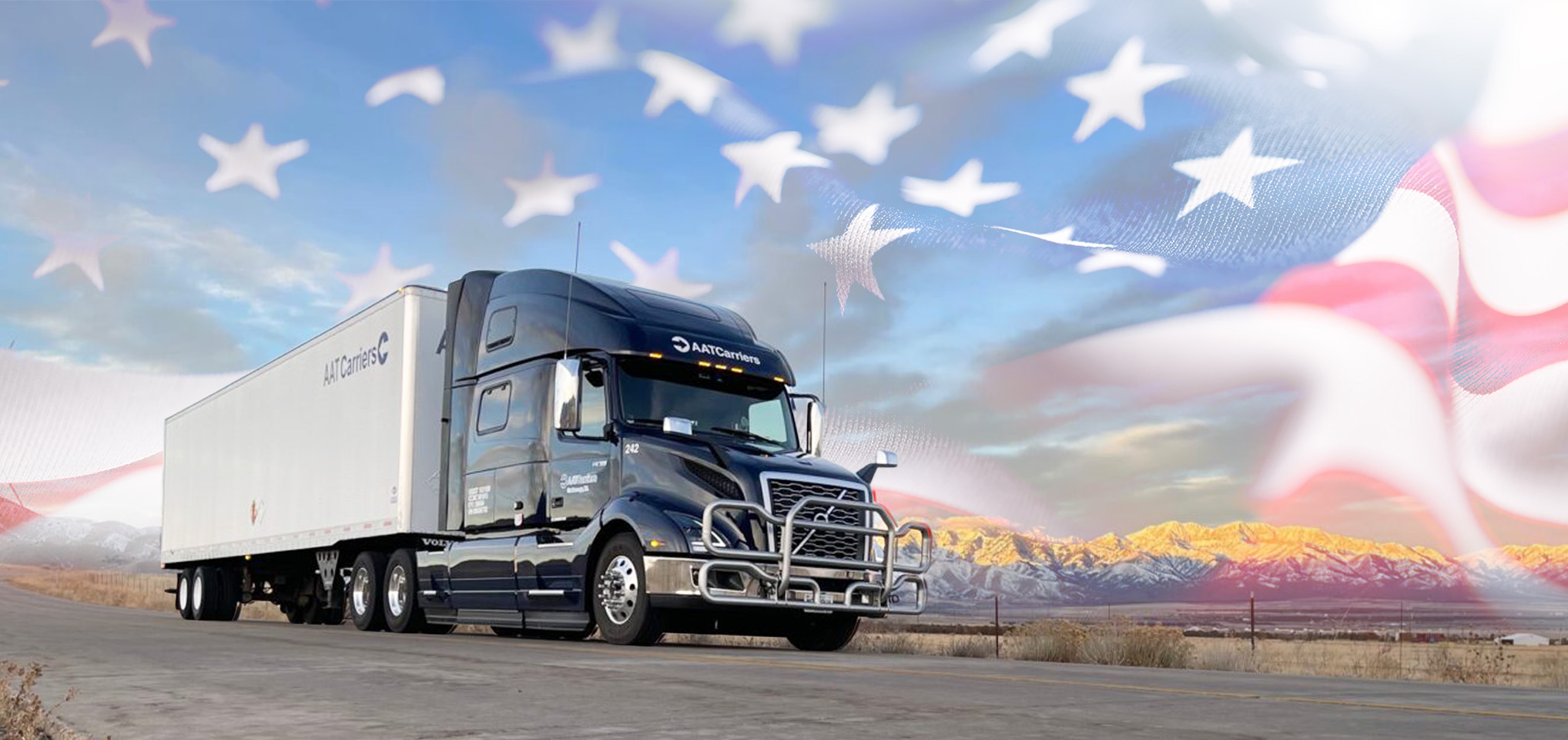 AAT Carrier truck on road, american flag superimposed on horizon